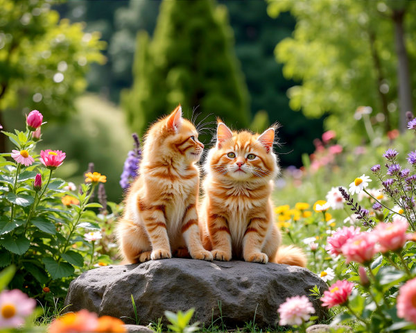 Playful Orange Tabby Kittens in a Colorful Garden