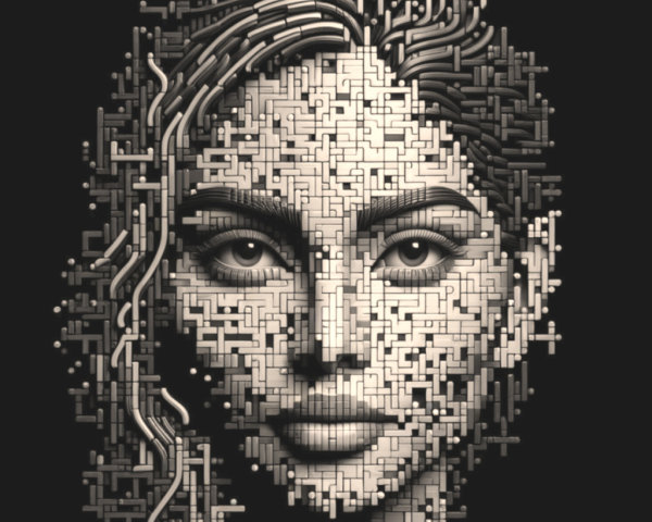 Digital abstract face made of metallic cubic blocks and wires on black background