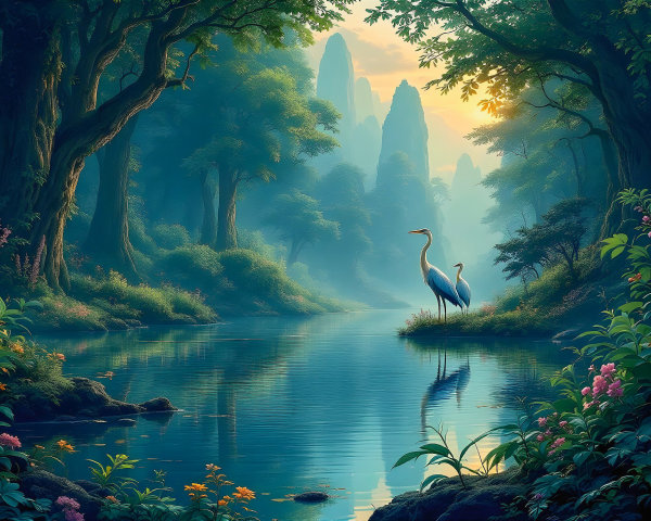 Herons by a Serene River in a Misty Landscape