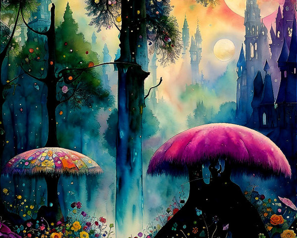Colorful forest scene with mushrooms, flowers, gothic castles, and luminous moon