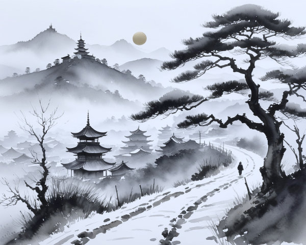 Black and white landscape with hills and pagodas