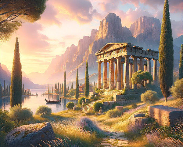 Tranquil Landscape with Ancient Greek Architecture