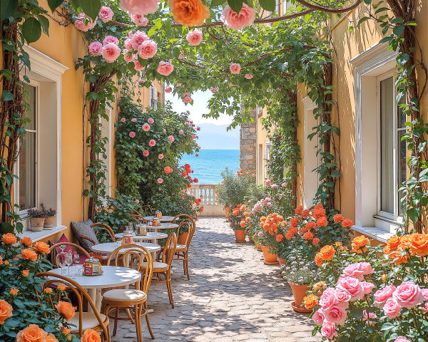 Garden Pathway with Blooming Roses and Sea View