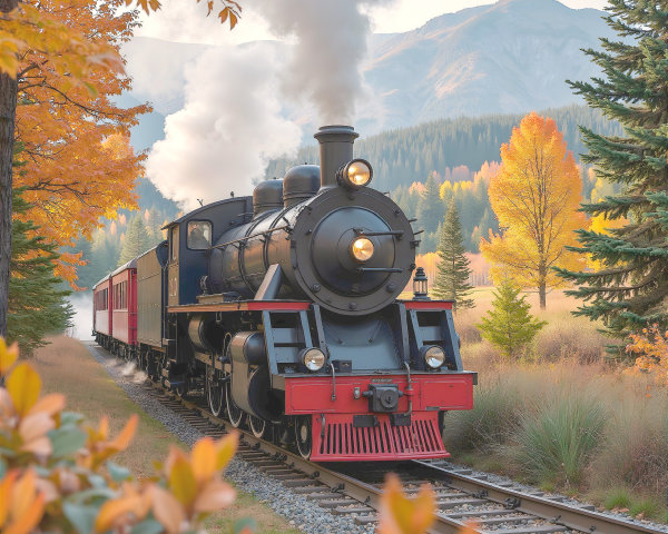 Vintage Steam Train in Scenic Autumn Landscape