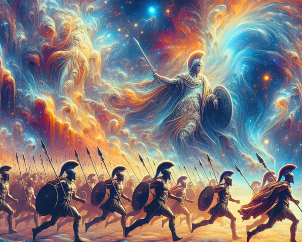 Celestial Battlefield with Cosmic Sky and Warriors