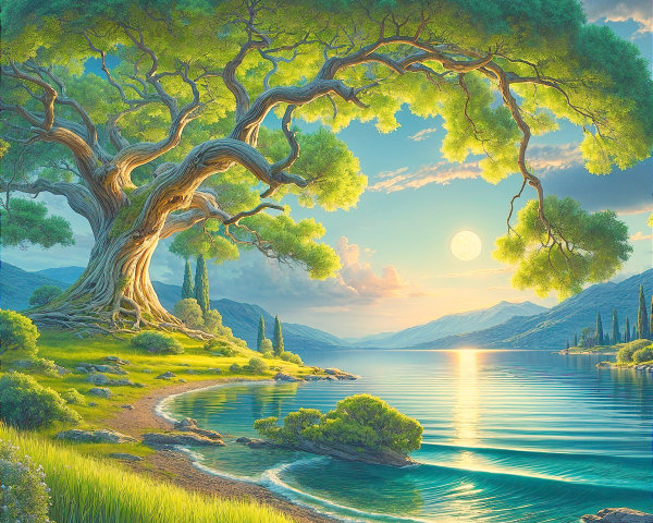Serene Landscape with Tree, Lake, and Sunset Reflection