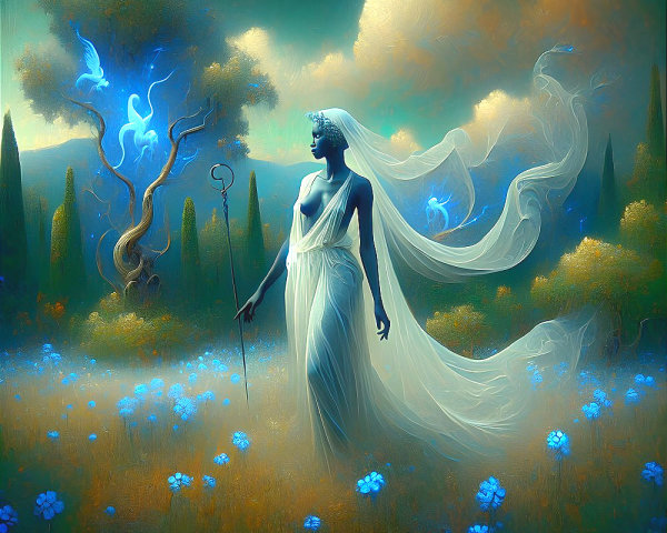 Graceful Figure in White Gown Among Blue Flowers