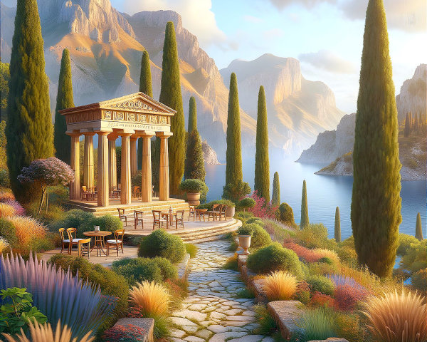 Serene landscape with gazebo, cypress trees, and lake