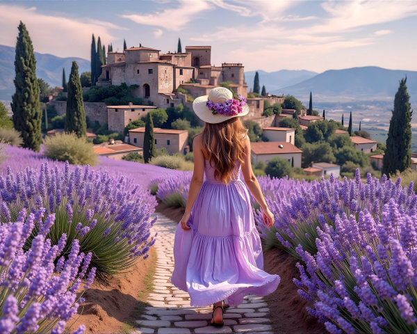 Woman in Lavender Dress Amidst Lavender Fields