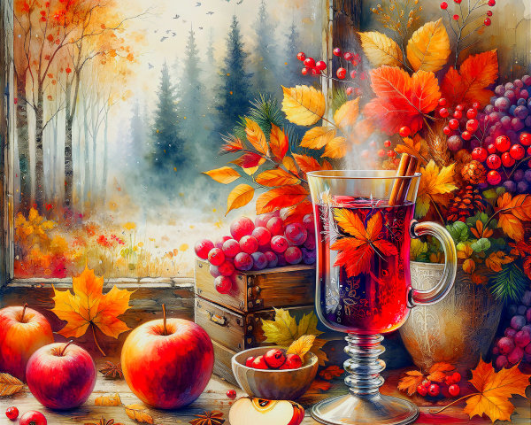Cozy Autumn Scene with Spiced Drink and Foliage