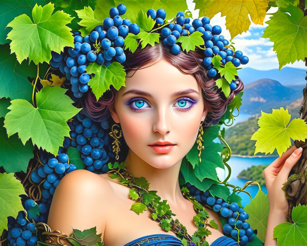 Young woman with leaves and grapes in natural setting