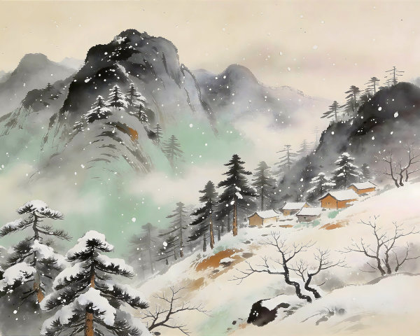 Traditional Chinese Landscape of Snowy Mountain Village