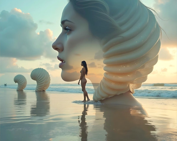 Giant Seashell Sculpture on Tranquil Sunset Beach