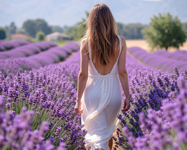 Woman in White Dress in Lavender Fields Landscape
