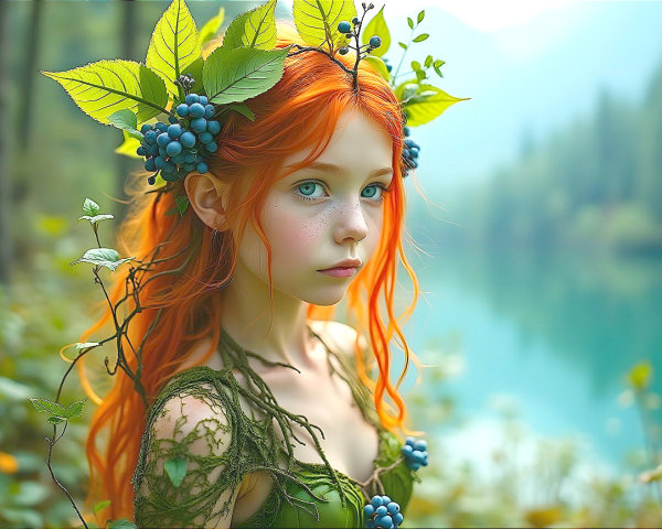 Young girl with red hair by serene water in forest