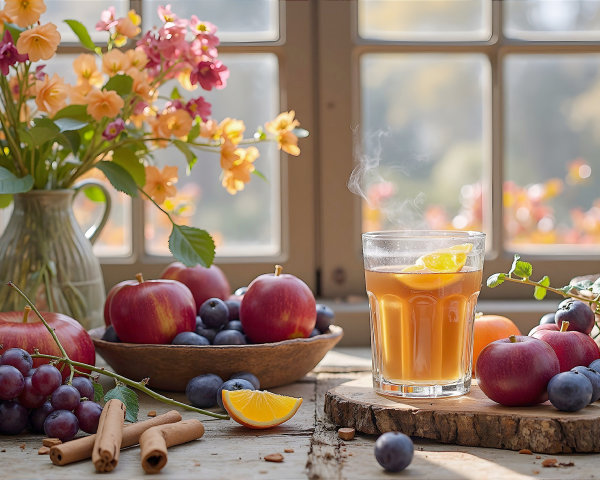 Cozy Tea Arrangement with Fruits and Flowers Display