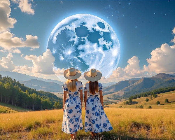 Girls in Floral Dresses Under Full Moon in Field