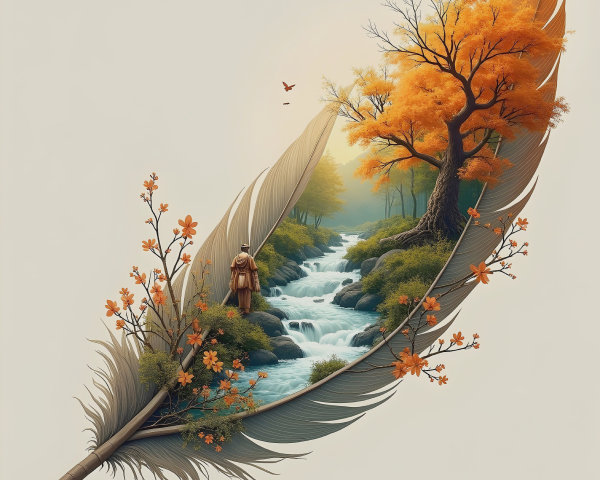 Feather Transforms into Serene Autumn Landscape Scene