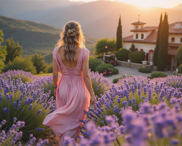 Woman in Pink Dress in Lavender Field at Sunset