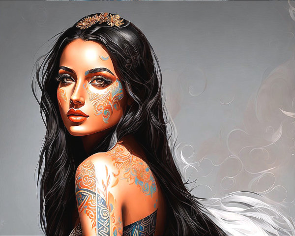 Dark-haired woman with golden tattoos and headpiece on gray swirl backdrop