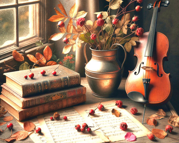 Cozy Room with Autumn Leaves and Artistic Decor