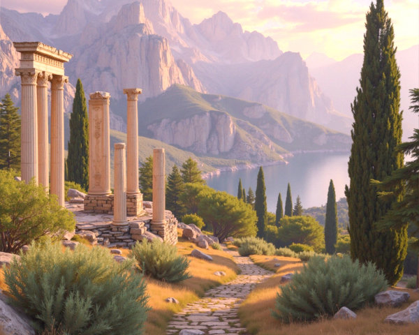 Tranquil Landscape with Stone Columns and Mountains