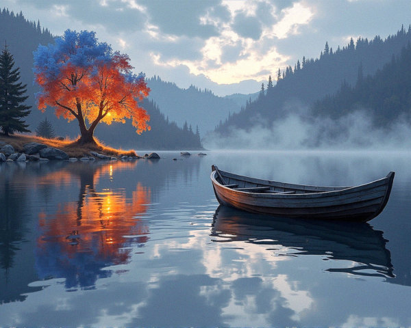Autumn Lake Scene with Vibrant Trees and Mountains