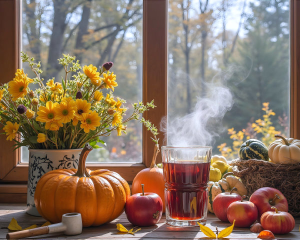 Cozy Autumn Scene with Flowers, Tea, and Pumpkins
