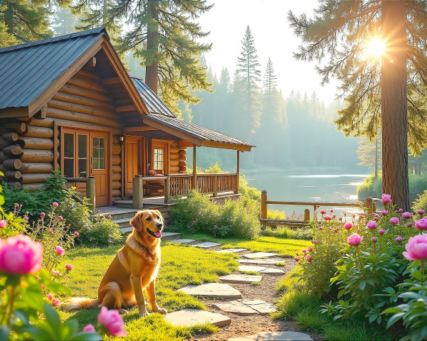 Log Cabin by Serene Lake Surrounded by Nature