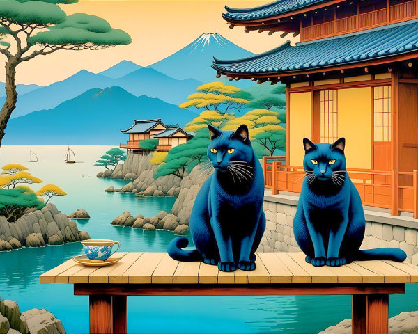 Japanese Landscape with Blue Cats and Pagodas