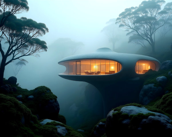 Futuristic Organic-Shaped House in Misty Landscape