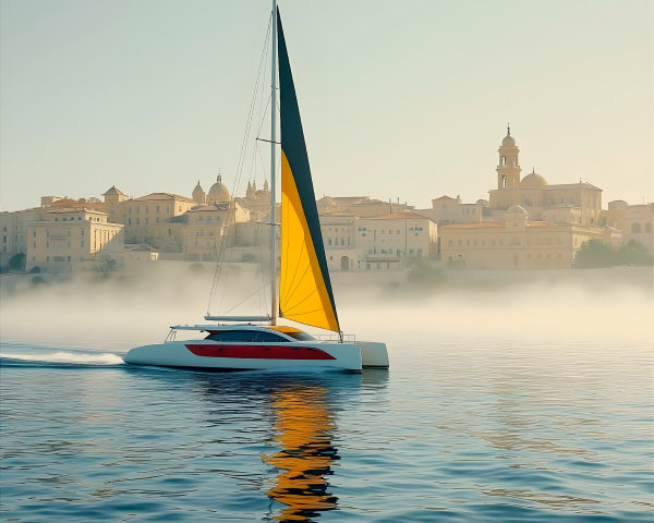 Catamaran with Colorful Sails on Calm Waters
