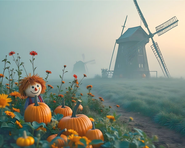 Serene Autumn Landscape with Scarecrow and Pumpkins