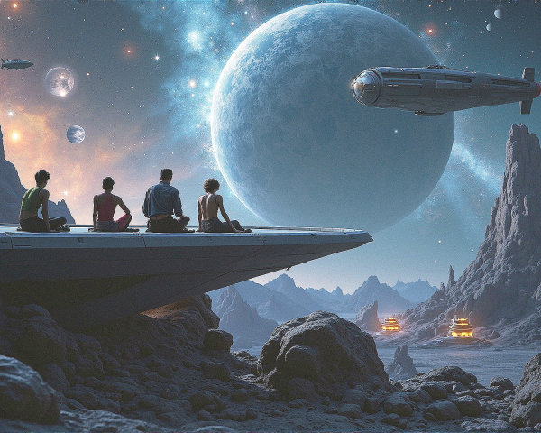 Explorers Observe Alien Landscape from Spacecraft Edge