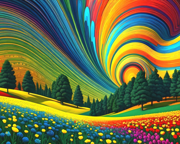 Vibrant Landscape with Colorful Wildflowers and Sky