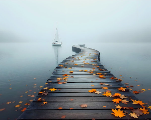 Winding Dock on a Mist-Covered Lake in Autumn