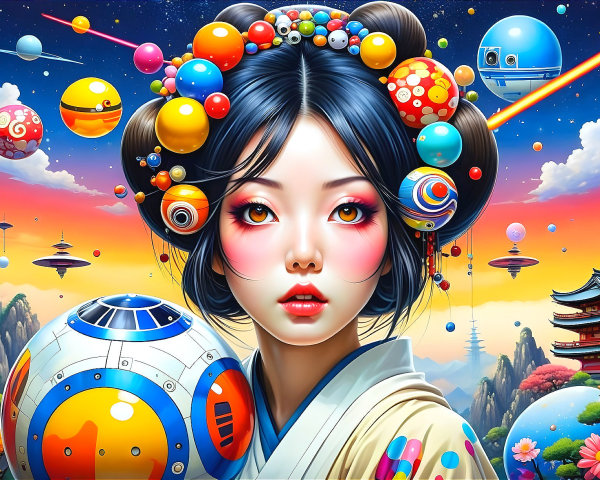 Surreal Landscape with Young Woman in Traditional Attire