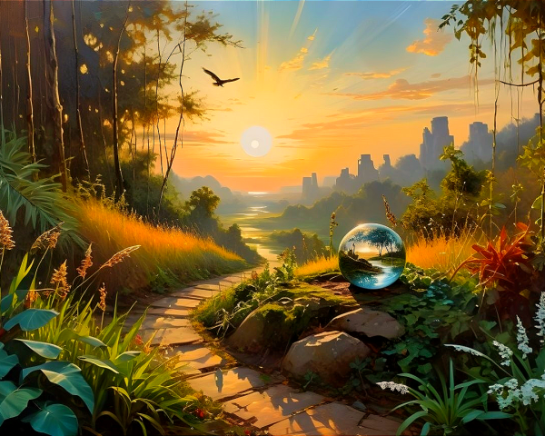 Serene Sunset Landscape with Winding Path and Cityscape