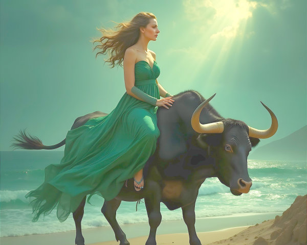 Woman in Green Dress on Bull at Serene Beach
