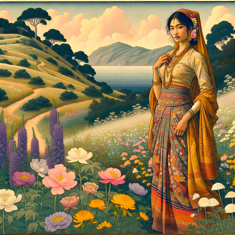 Serene Landscape with Woman in Traditional Outfit