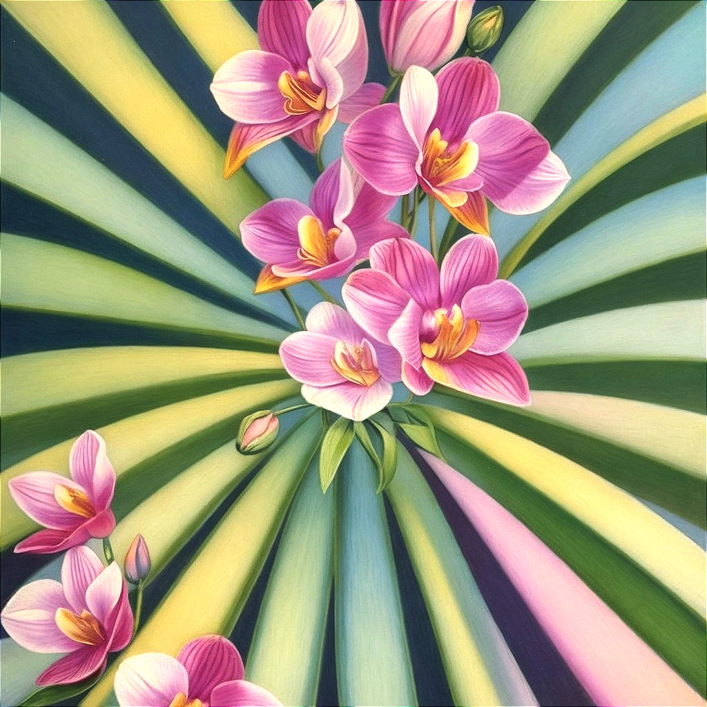 Vibrant Pink Orchids Against Pastel Striped Background