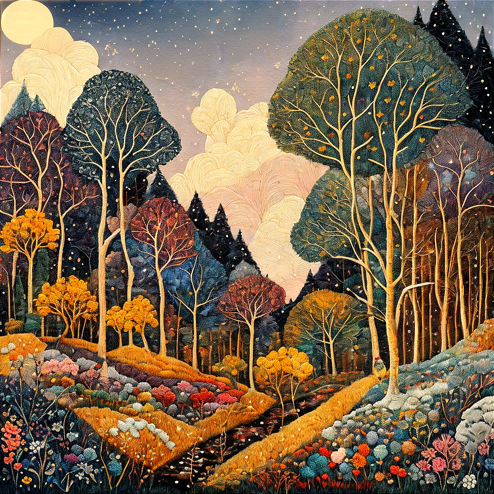 Whimsical Autumn Landscape with River and Moonlight