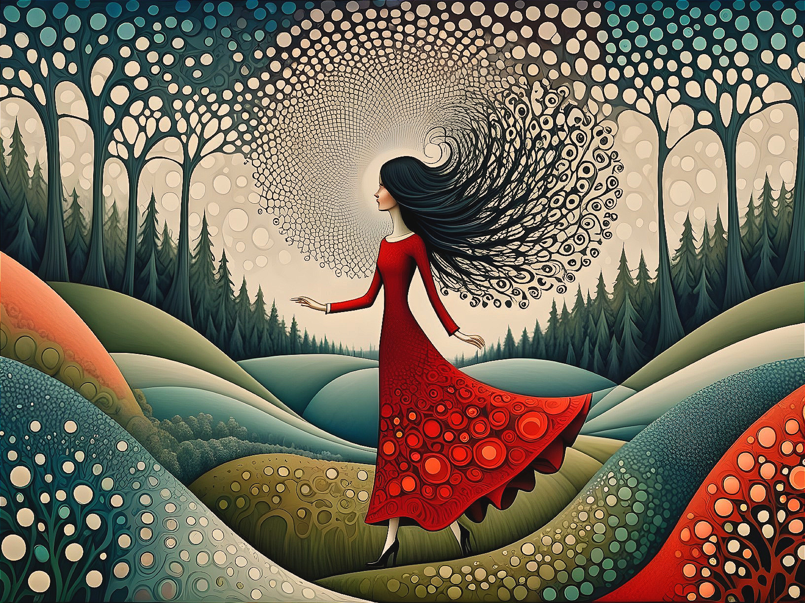Whimsical Illustration of a Woman in a Red Dress