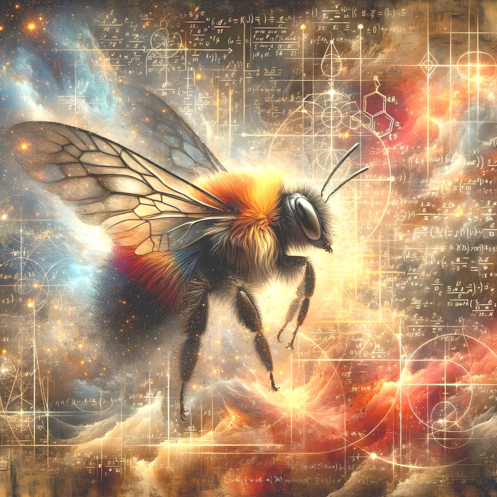 Bee Against Cosmic Backdrop with Equations and Patterns