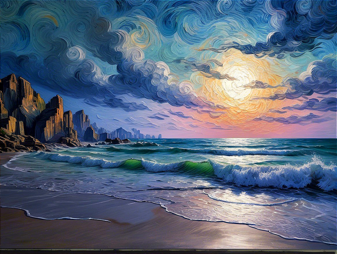 Vibrant Seascape with Sunset and Rocky Cliffs