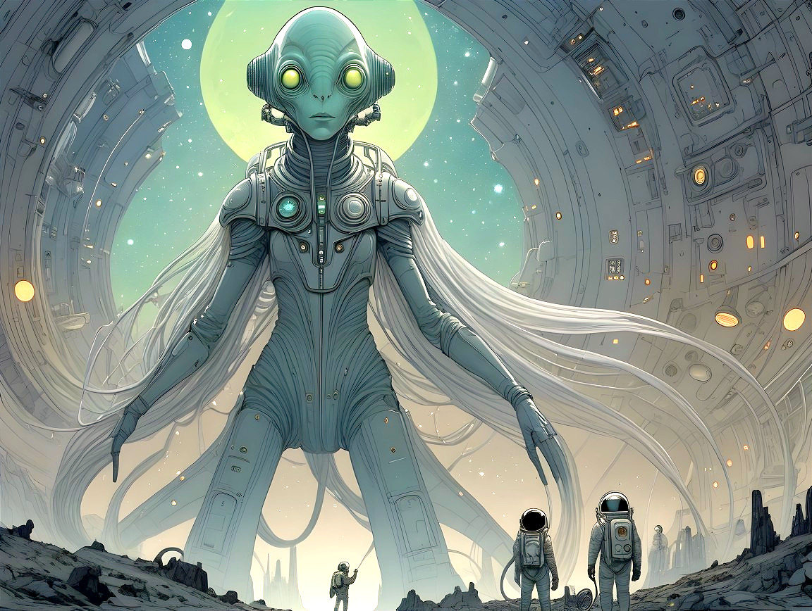 Futuristic Landscape with Alien Figure and Astronauts