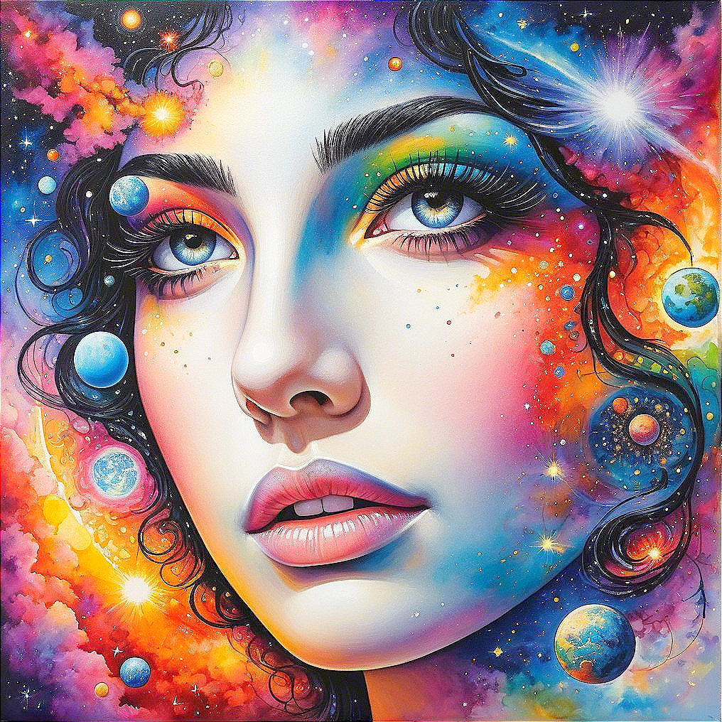 Cosmic Portrait of a Woman with Surreal Elements
