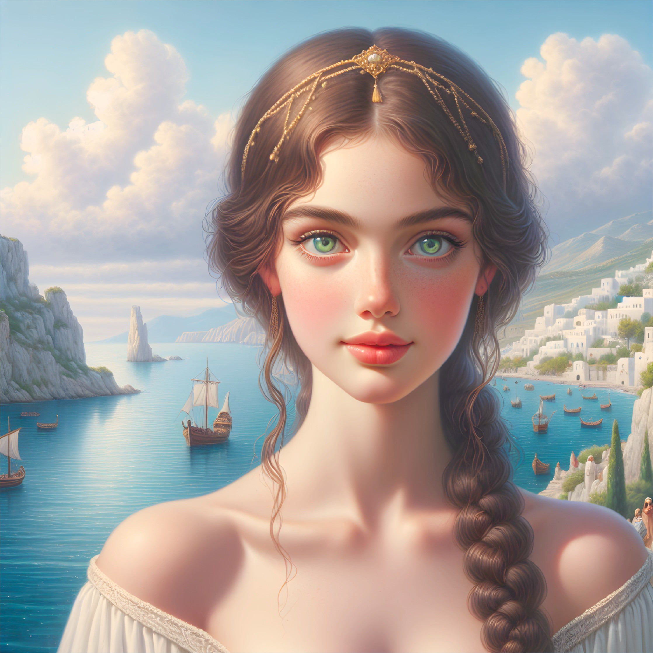 Young Woman in Coastal Landscape with Sailboats