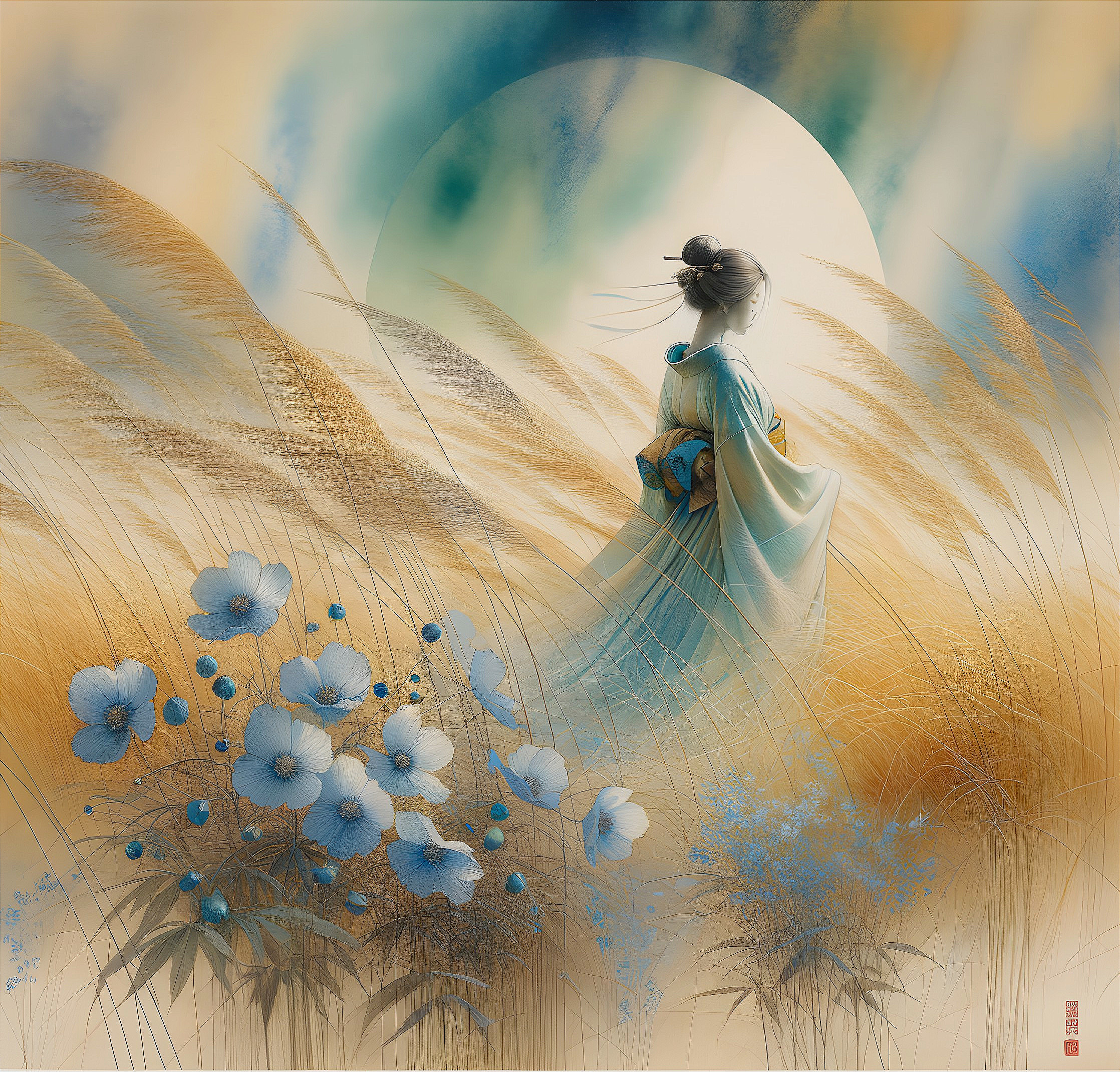 Figure in Kimono Walking Through Golden Grasses