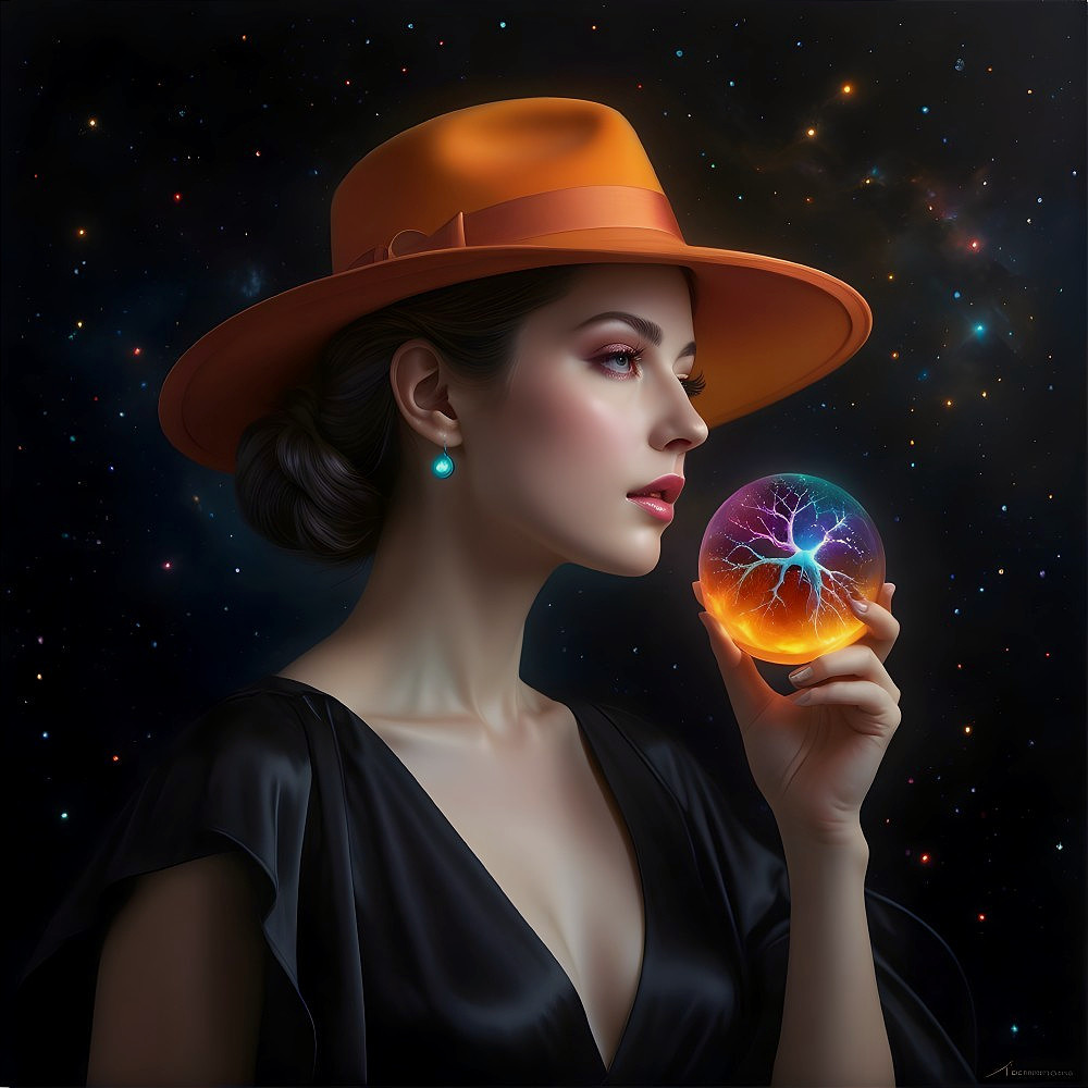 Serene Woman with Crystal Orb Against Starry Background